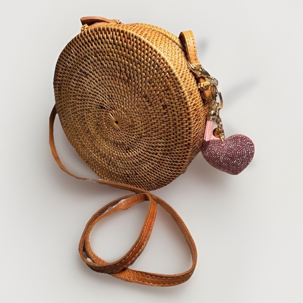 Bali Round Rattan Hand Woven Canteen Crossbody Bag Leather Strap W/ Pink Charm